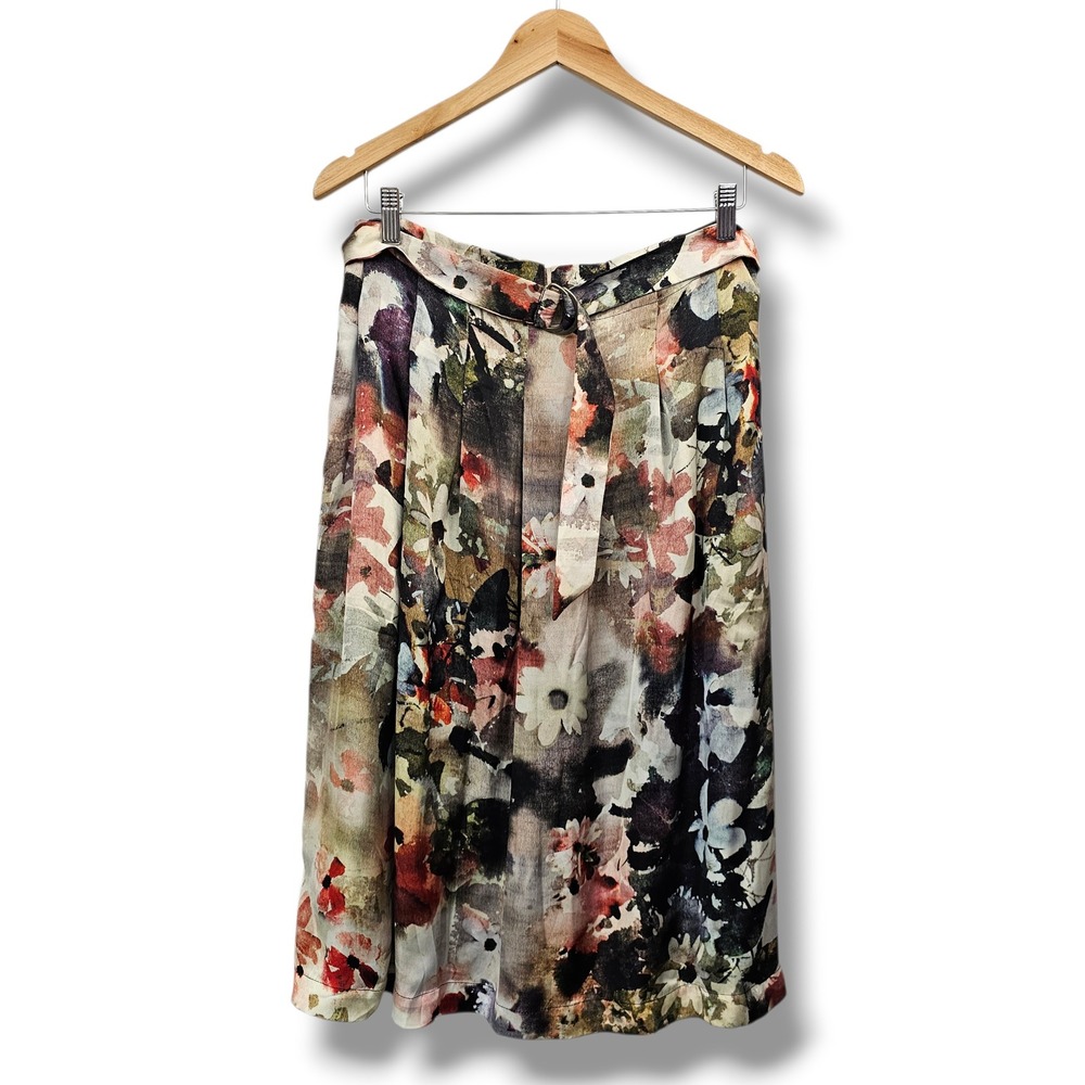 Matty M Midi Skirt L Womens Multi Floral A-Line Belted Watercolor Pleated Artsy